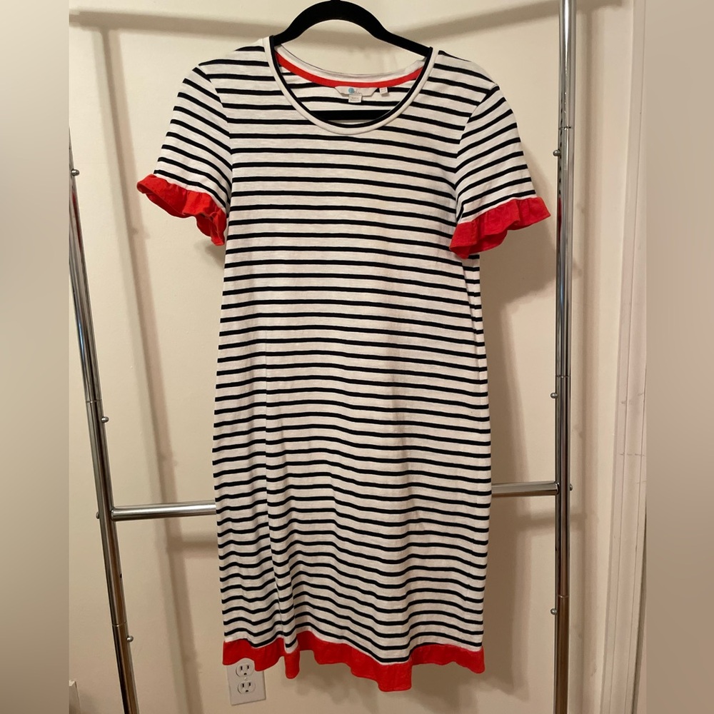 Boden Black and White Striped Midi Dress with Red Accents